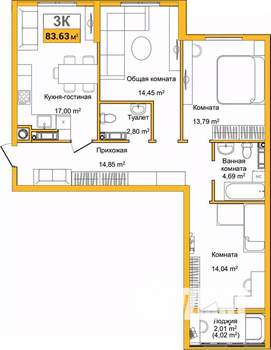 3-к квартира, сданный дом, 84м2, 5/9 этаж