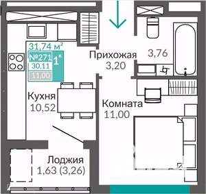 1-к квартира, строящийся дом, 30м2, 4/9 этаж