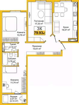 3-к квартира, вторичка, 80м2, 7/9 этаж