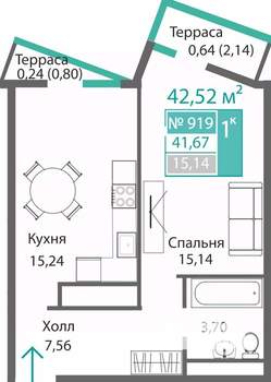 1-к квартира, строящийся дом, 43м2, 9/9 этаж