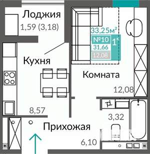 1-к квартира, строящийся дом, 32м2, 2/9 этаж