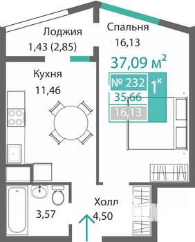 1-к квартира, строящийся дом, 37м2, 2/9 этаж