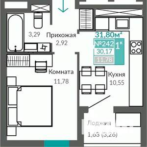 1-к квартира, строящийся дом, 30м2, 9/9 этаж