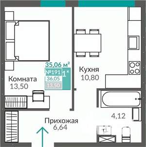 1-к квартира, строящийся дом, 35м2, 1/9 этаж