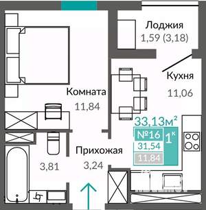 1-к квартира, строящийся дом, 32м2, 3/9 этаж
