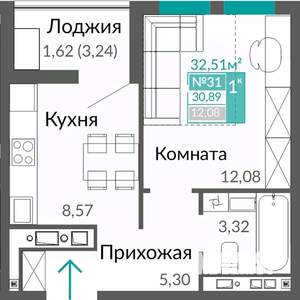 1-к квартира, строящийся дом, 31м2, 7/9 этаж