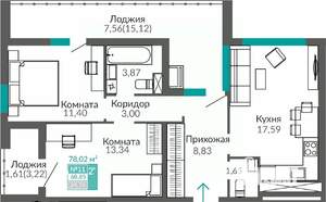 2-к квартира, строящийся дом, 69м2, 2/9 этаж