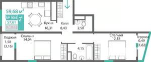 2-к квартира, строящийся дом, 60м2, 9/9 этаж