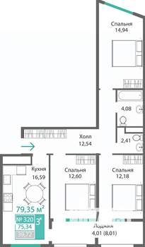 3-к квартира, строящийся дом, 79м2, 3/9 этаж