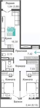 2-к квартира, строящийся дом, 68м2, 7/9 этаж