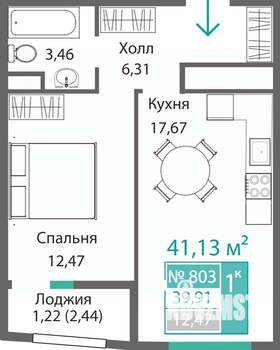 1-к квартира, строящийся дом, 41м2, 8/9 этаж