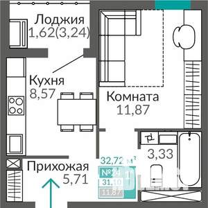 1-к квартира, строящийся дом, 31м2, 4/9 этаж