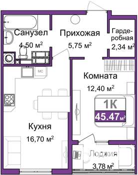 1-к квартира, вторичка, 44м2, 2/16 этаж