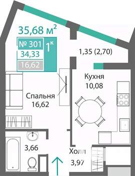 1-к квартира, строящийся дом, 36м2, 3/9 этаж