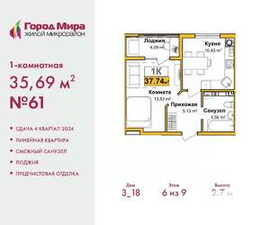 1-к квартира, вторичка, 36м2, 6/9 этаж