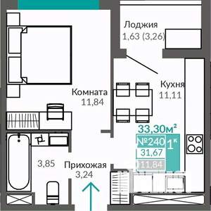 1-к квартира, строящийся дом, 32м2, 9/9 этаж