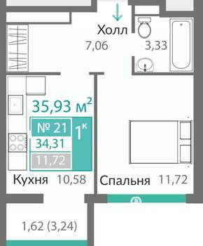1-к квартира, строящийся дом, 34м2, 4/8 этаж