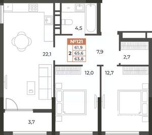 2-к квартира, вторичка, 64м2, 5/8 этаж