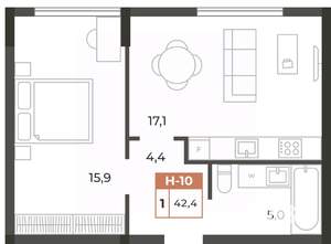 1-к квартира, вторичка, 42м2, 1/8 этаж