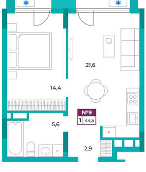 1-к квартира, вторичка, 45м2, 2/9 этаж