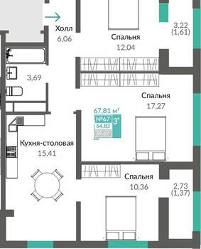 3-к квартира, вторичка, 68м2, 9/16 этаж