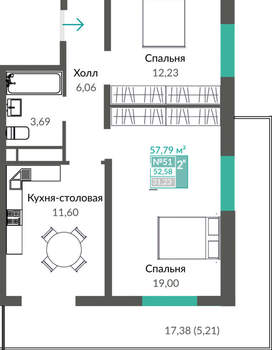 2-к квартира, вторичка, 58м2, 7/16 этаж