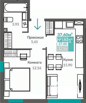 1-к квартира, строящийся дом, 38м2, 1/9 этаж